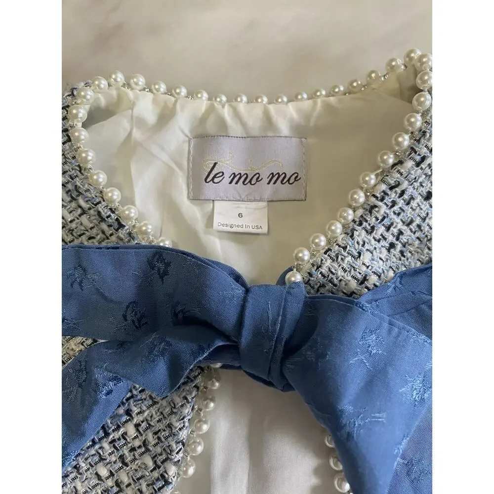 le mo mo girls cape capelet blue tweed pearl blue bow sz 6